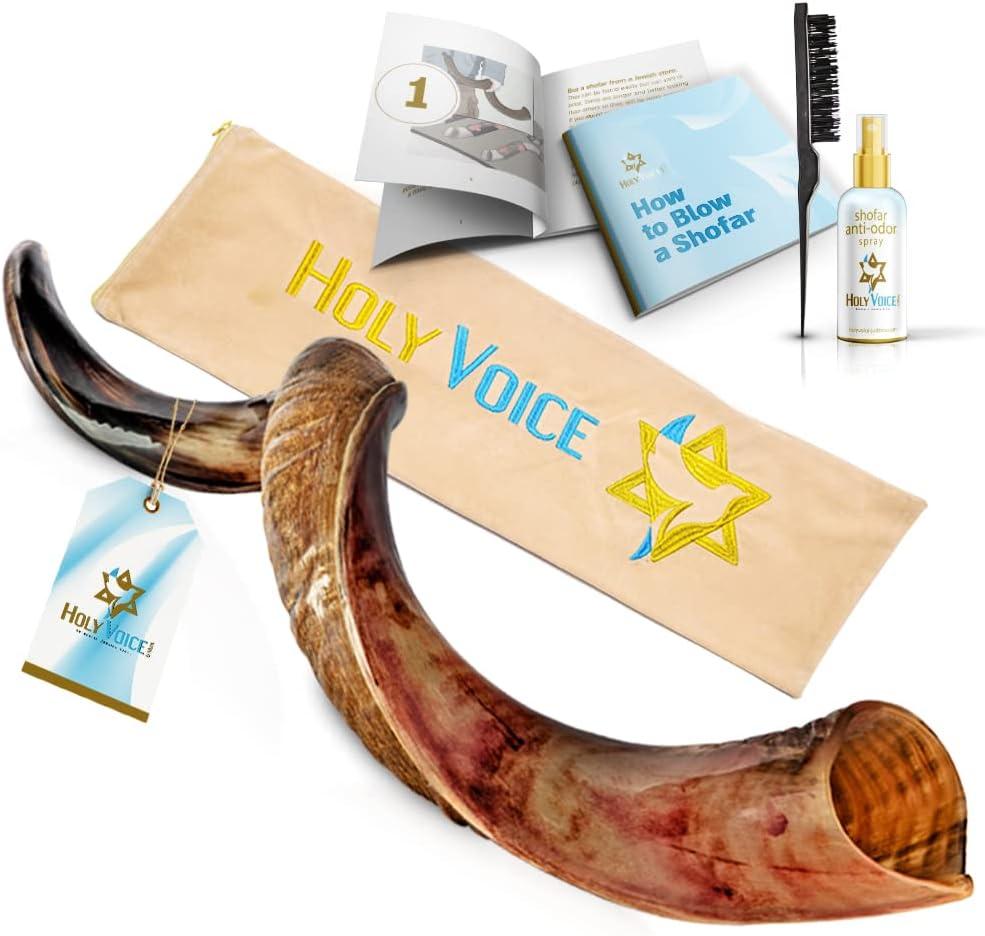 Holy Voice Kosher Kudu Shofar Horn from Israel 32"-36" Traditional Half-Polished Yemenite Shofar Set Includes Carrying Bag, Brush and Blowing Guide - Easy Blowing Ancient Musical Instrument