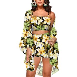KEYUFANG Women 3 Piece Vocation Outfits Summer Suit Floral Kimono Cardigans Beach Cover Up Crop Cami Top Short Set (XL)