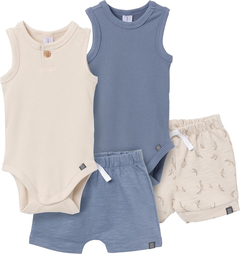 Modern Moments by Gerber Baby Boys' Ribbed 4-piece Sleevless Bodysuit & French Terry Short Set (12 Months, Tan/ Blue)