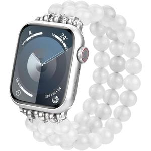 MOFREE Beaded Bracelet Compatible for Apple Watch Band 38mm 40mm 41mm Women, Fashion Handmade Crystal Beads Elastic Stretchy Charms Strap for iWatch Band Series SE 9 8 7 6 5 4 3 2 1 (White)