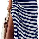 MARZXIN Women 2023 Casual Maxi Dress Short Sleeve V Neck Stripe Sundress Split Loose Long Summer Beach T Shirt Dresses Blue S