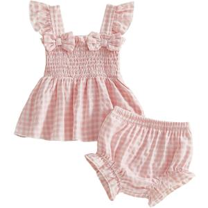 Baby Girl Clothes Infant Summer Outfits Set Plaid Ruffle Sleeve Shirt Tops and Bloomers Shorts (Pink)