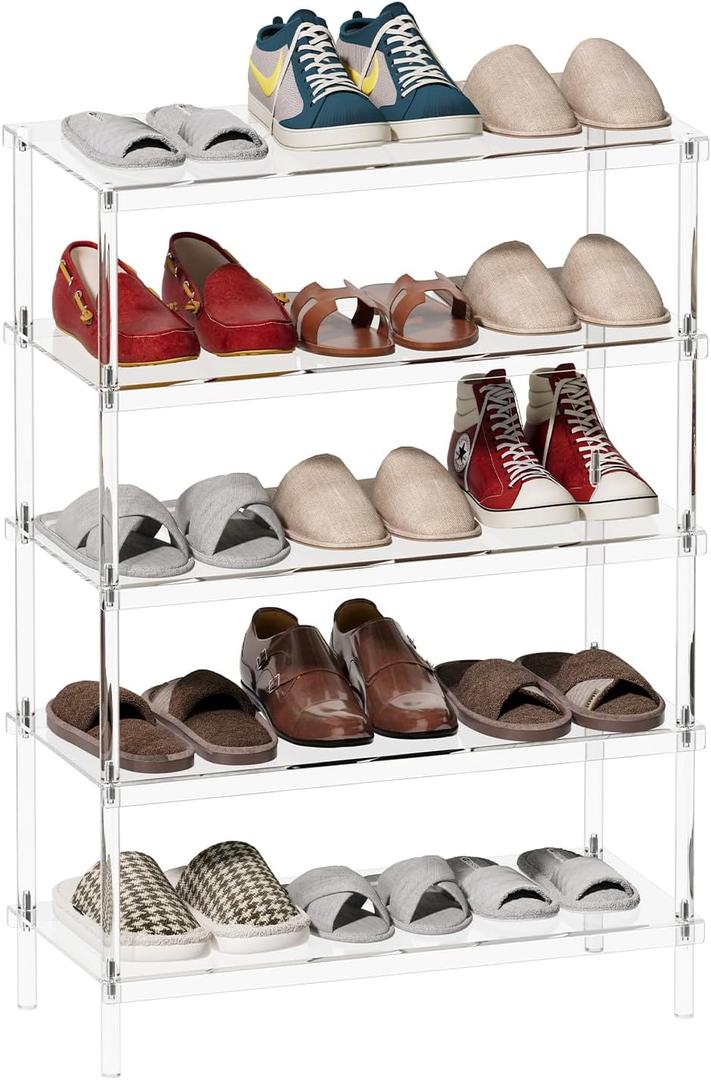 Aquiver 5-Tier Acrylic Shoe Rack - Clear Shoe Rack Organizer - Modern Shoe Storage Shelf, Holds 15-18 Pairs of Shoes for Entryway, Closet - 25.6'' L x 11.8'' W x 36.4'' H, Easy Assembly & Clean