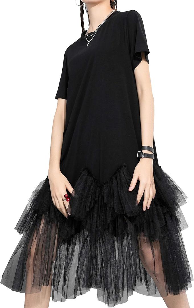ellazhu Women's Casual Short Sleeve Crew Neck Tutu Tulle Dress with an Oversized Fit GY2266 (Large-X-Large, Black)