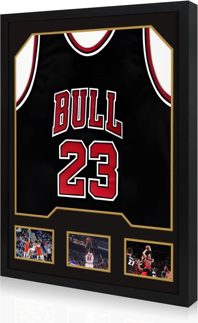 Jersey Frame Display Case 1 Pack, Large Wooden Sport Jersey Shadow Box Frame with Mats and Real Tempered Glass Cover for Football Hockey Baseball Basketball Soccer Shirt,Black