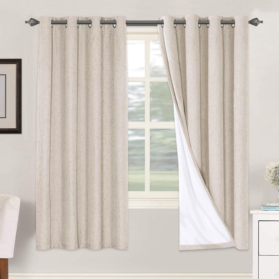 H.VERSAILTEX 72 inch Blackout Curtains, 100% Absolutely Blackout Thermal Insulated Textured Linen Look Curtain Draperies Anti-Rust Grommet Linen Curtains Blackout, 2 Panels, Natural