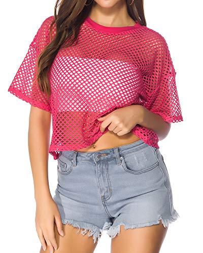 CLOZOZ Women's Mesh Crop Top See Through Fishnet Shirt Short Sleeve Crew Neck Sheer Cover Up Rose Red, M/L