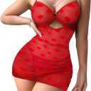Sexy Chain Sheer Mesh Ruched Bodycon Mini Lingerie Dress with Thong 2 Piece Set Outfits (Heart Red), XL