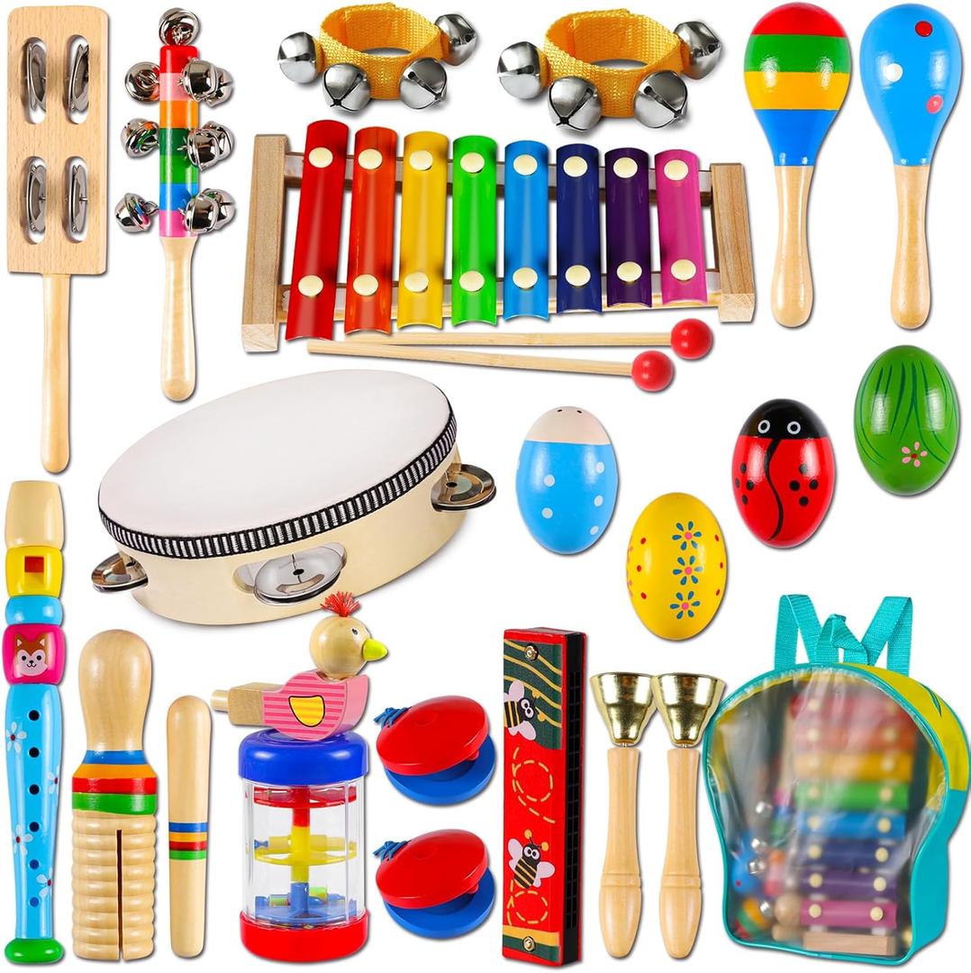 LOOIKOOS Toddler Musical Instruments,Wooden Percussion Instruments Toy for Kids Preschool Educational Musical Toys Set for Boys and Girls with Storage Bag