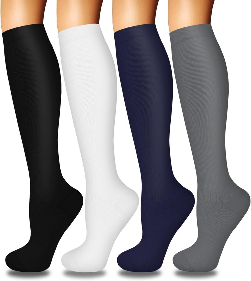 Iseasoo 4 Pairs Compression Socks for Women Circulation-Best Support for Nurses,Running,Athletic,Travel (Small-Medium, 02-00-Black/White/Navy/Gray-4 Pack)
