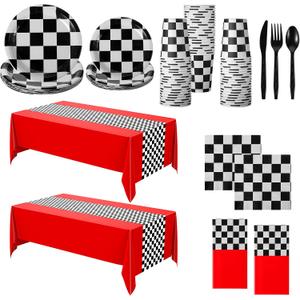 Oudain 162 Pcs Racing Car Birthday Party Supplies Racing Car Tableware Sets for 20 Guests Checkered Race Themed Rectangular Tablecloth Plates Cups Folks for Birthday Party Decorations(Red)
