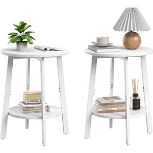 sthmec Side Table Set of 2, Small Round End Table with Storage Shelf for Small Space, 2-Tier Bedside Table Sofa Couch Table, Round Nightstands Set 2 Accent Table for Living Room, Bedroom, White