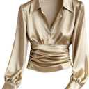 GORGLITTER Women's Satin Long Sleeve Blouse Button Down Ruched Cinched Waist Dressy Casual Business Work Tops (Khaki), Small