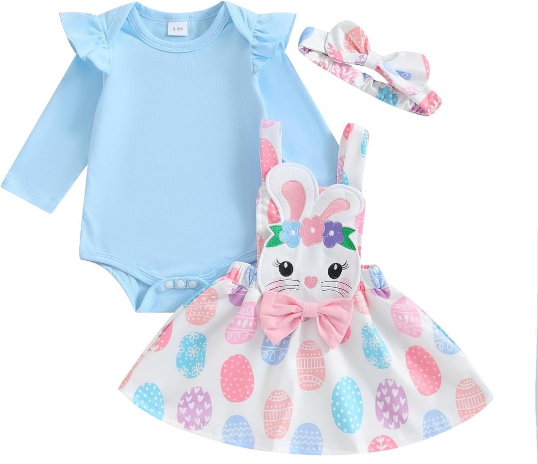Gueuusu Baby Girl Easter Clothes Ruffle Long Sleeve Romper Bunny/ Easter Eggs Print Overall Skirt Dress Cute Newborn Outfit (Blue, 3-6 Months)