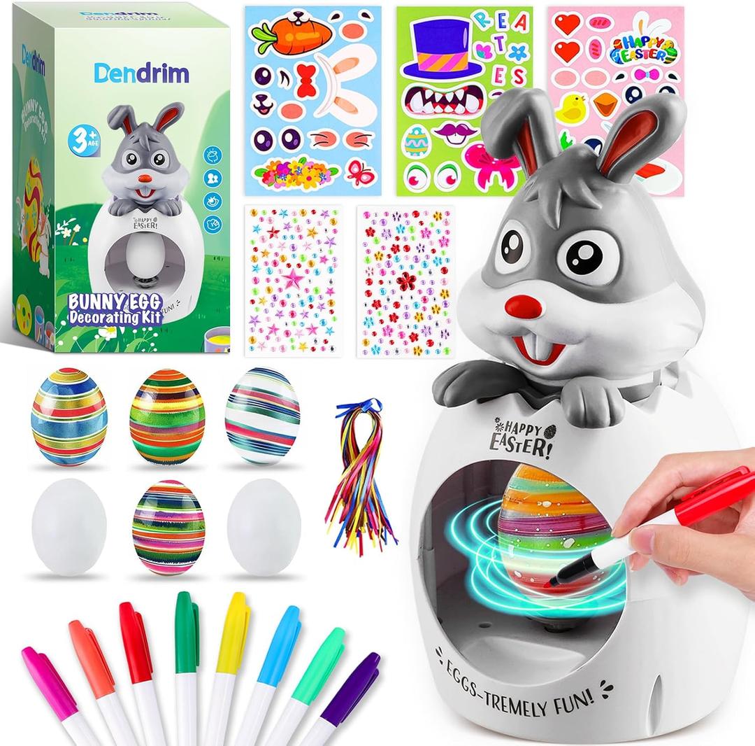 Dendrim Easter Egg Decorating Kit for Kids, 32Pcs Cute Bunny Egg Decorator Rotator Gifts Crafts with Coloring Markers Fake Eggs Strings Make A Face Stickers for Party Supplies, Birthday, Egg Hunt Game