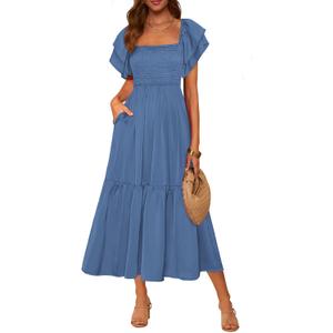 MASCOMODA Womens Summer Casual Midi Dress Square Neck Ruffle Short Sleeve Smocked High Waist A Line Wedding Guest Dresses (Blue, L)