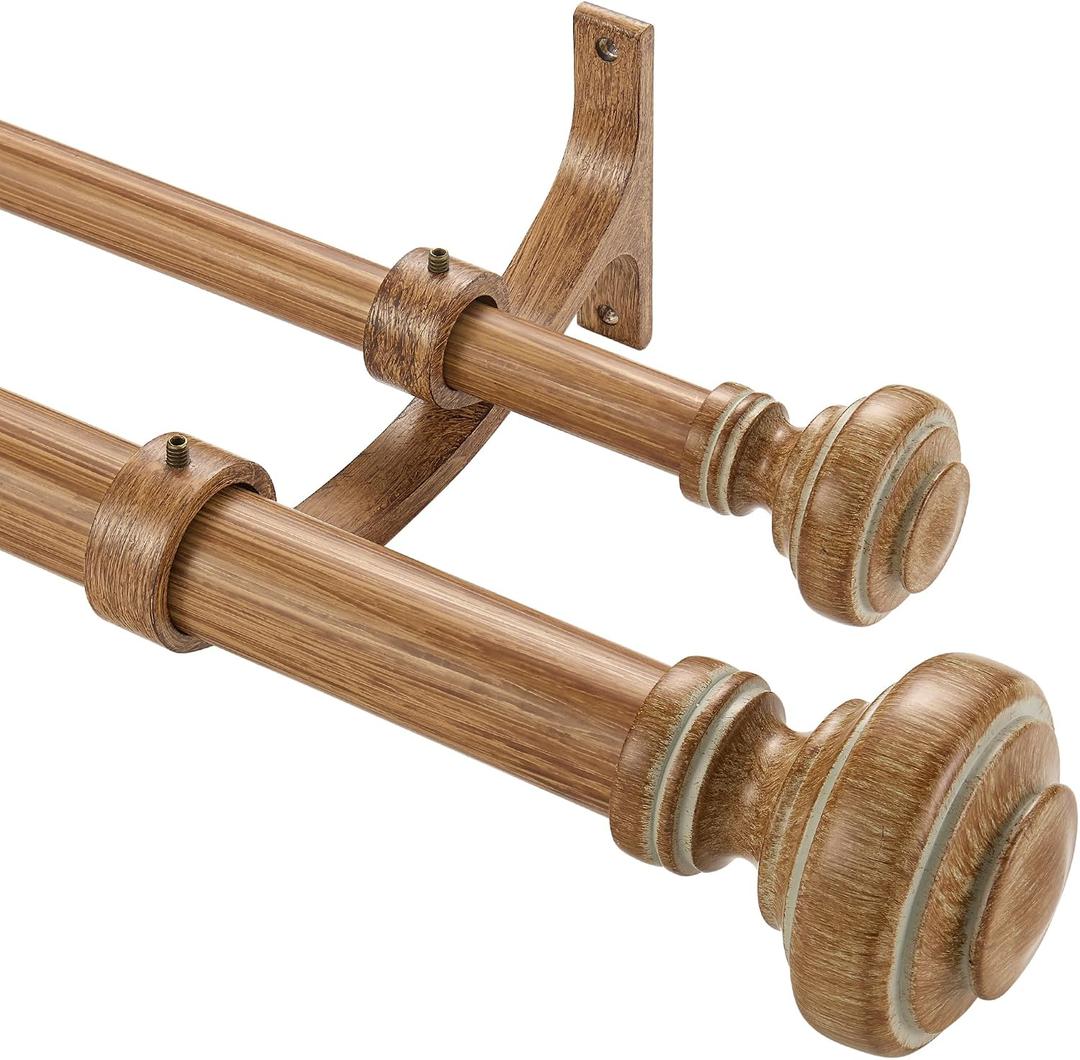 Wood Double Curtain Rod for Windows 72 to 144 Inches, Adjustable Heavy Duty Dual Drapery Rods, Farmhouse Collection Decorative Design with Porch Doorknob Finials,Brown Wood Grain