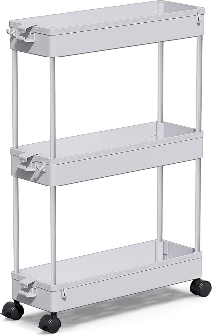 SPACEKEEPER Slim Rolling Storage Cart, 3 Tier Storage Organizer Laundry Room Organizer Mobile Shelving Unit, Multi-Purpose for Kitchen Office Bathroom Laundry Narrow Places, Gray