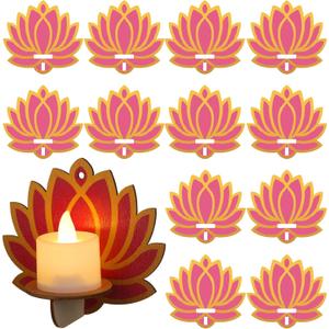 12 Pack Diwali Decoration 4 x 4 Inch Jharokha Lotus Design Wooden Candle Holder Tea Light Diya Holder Traditional Lotus Box Decor for Deepavali Decoration Festive Wall Decor DIY Craft