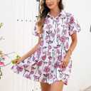 Women's Summer Short Puff Sleeve Floral Dress Button Down Loose Fit Casual Shirt Dresses (XL)