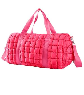 Quilted Gym Bag Duffle for Women,Duffle Bag for Travel with Shoes Compartment,Puffer Weekender Bags Overnight Carry On Bag with Trolley Sleeve for Airplanes,Personal Item Sports Duffel Dance Bag (Pink)