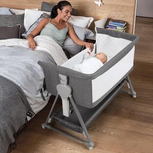 Cowiewie Bassinet Bedside Sleeper, Baby Bassinet with 7 Adjustable Height, Bedside Bassinet for Baby with Storage, Breathable Mesh & Mattress, Portable Bassinet Easy Folding (Pyramid Dark Gray), Crib