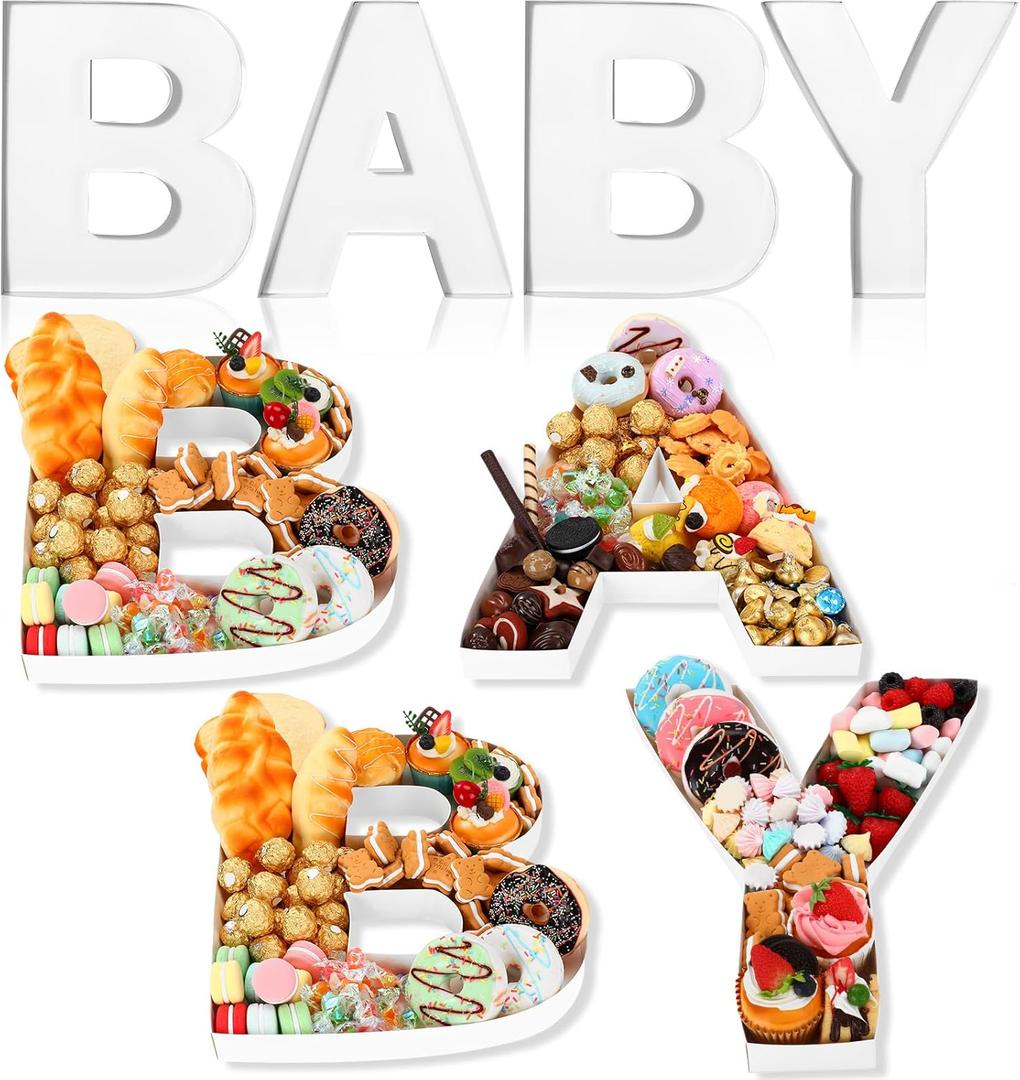 Mifoci 4 Pcs Large Baby Shower Food Trays 13.7" Charcuterie Cardboard Letter Shaped Serving Platter Fillable Boxes for Gender Reveal Baby Shower Party Paper Chocolate Candy Decoration(White)