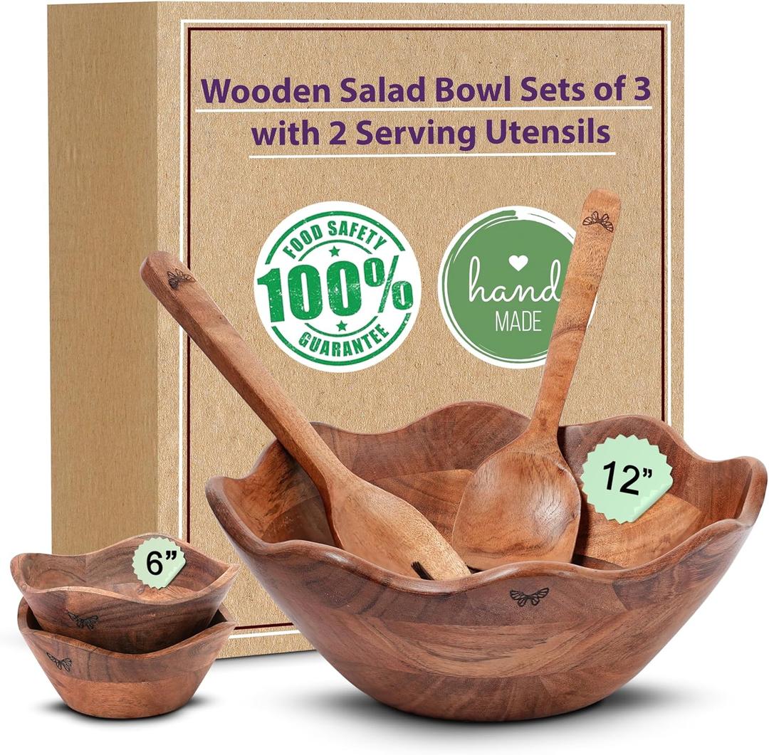 Melvvi Large Wooden Salad Bowl Set with 2 Serving Utensils and 2 Small Bowls | 12" and 6" Acacia Wood Bowls for Food | Mothers Day gift (Natural Set of 5)