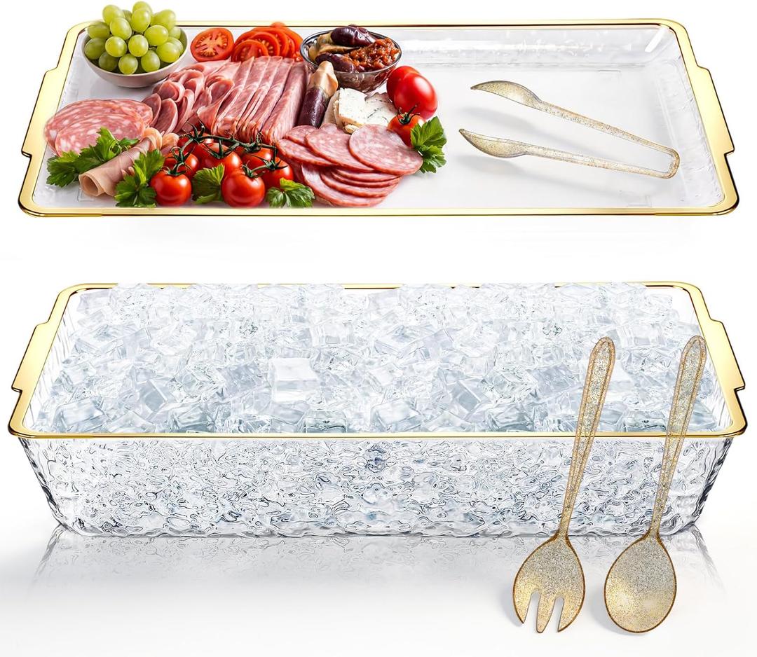 Baderke 16" x 9" Chilled Serving Tray for Parties with Compartments Ice Chilled Party Crudite Platter Charcuterie Serving Board Cold Dish Dip with Tableware for Seafood Vegetable (Gold Glitter)