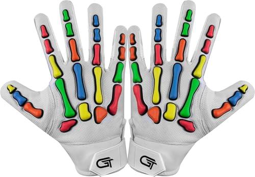 Glorious Traders Youth Football Gloves American Wide Receiver Injected Bones Football Gloves for Adult Men Women & Boys with Super Sticky Silicone Grip Palms (White Multi, Adult XL)
