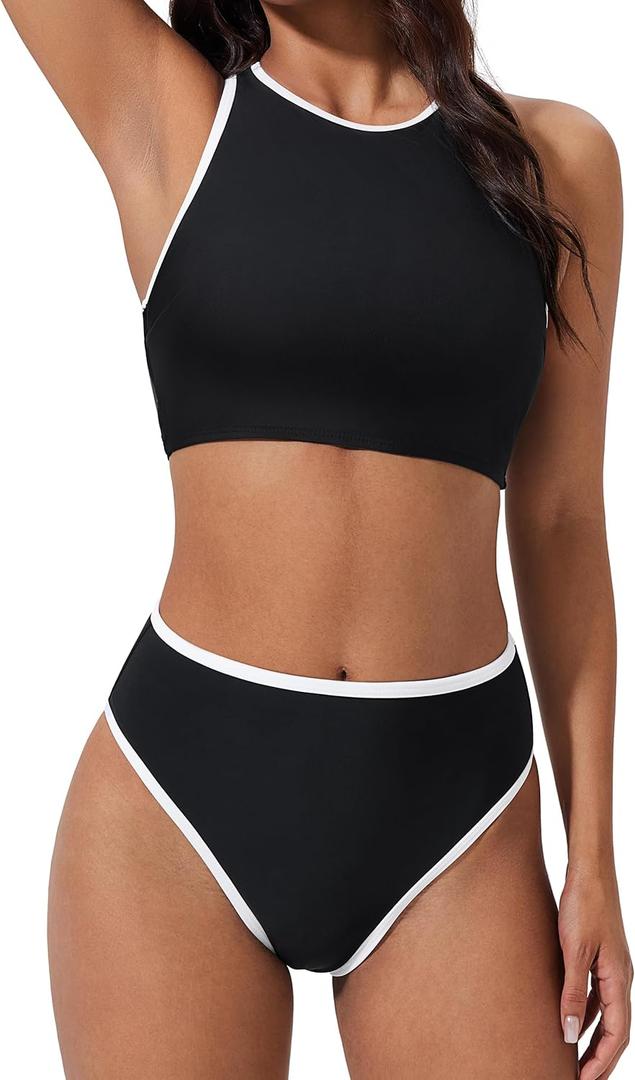 SUUKSESS Women High Waisted Bikini Sets High Neck Sporty Two Piece Swimsuits (Medium, 170 Black White)