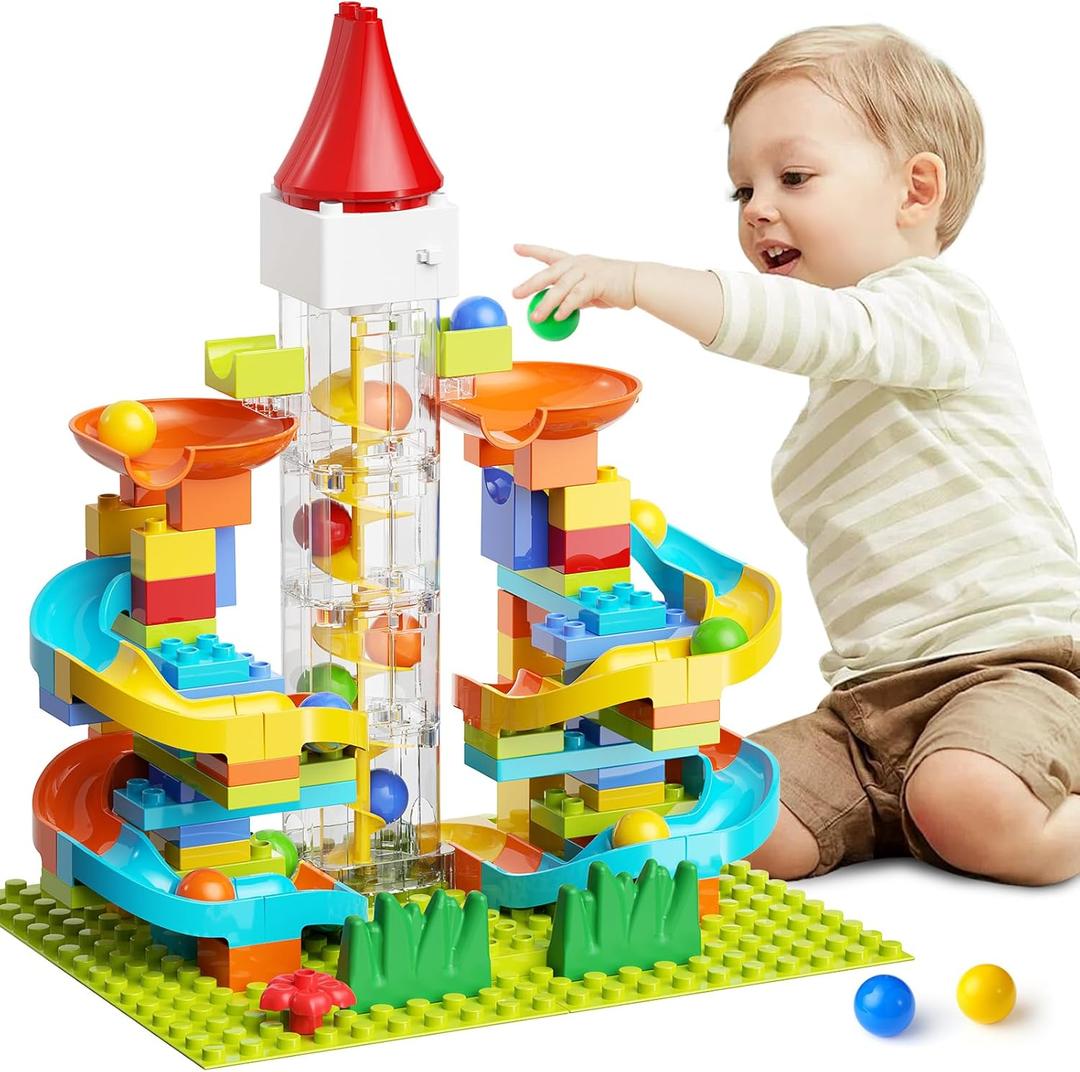 Kid Marble Run Building Blocks with Elevator Spiral Lift - STEM Toy Bricks Marble Maze Race Track Set with Motorized Elevator, Big Blocks Educational STEM for 3 4 5 6 7 8 Year Old Boys Girls