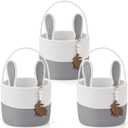 BreezeHug 3 Pcs Easter Baskets for Kids Easter Bunny Basket with Name Tag Detachable Rabbit Ear Rustic Woven Gift Toys Bucket Tote Eggs Hunt Bag for Girl Boy Baby Party Decoration Supplies(Grey)