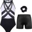 MODAFANS Gymnastics Leotards for Girls With Shorts Tumbling Dance Clasp Back Activewear, Multi-Geometry Set, 2XL