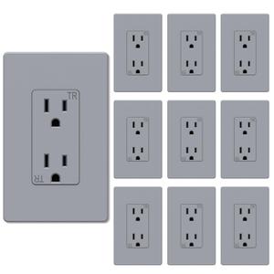 WEBANG 15 Amp Duplex Receptacle Decorator Wall Outlet, Screwless Electrical Outlet Plate Included, 15A 125V, 2 Pole 3 Wire,Self-Grounding, Tamper Resistant, ETL Listed, Matte Grey, 10 Pack