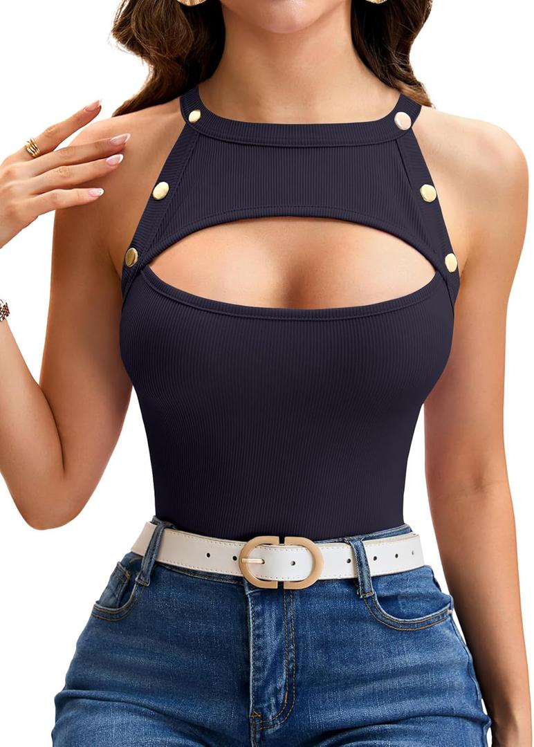 Vrtige Women's Cut Out Front Sleeveless Crew Neck Slim Fit Ribbed Tank Shirt Top (Medium, Navy Blue)