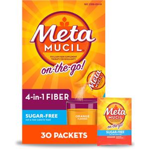 Metamucil On-The-Go, Psyllium Husk Fiber Supplement, 4-in-1 Fiber for Digestive Health, Sugar Free, Orange Flavor, 30 Count x 2 Packs (60 Count Total)