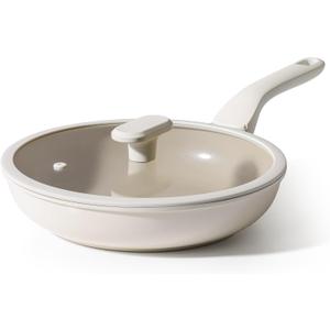 PRICUSIS Nonstick Ceramic Frying Pan with Lid, 8/10 Inch Skillet with Stay Cool Handle, Fully Coated, 100% Dishwasher Safe, Oven Safe, PTFE PFAS & PFOA Free (8 Inch, Coconut White