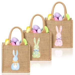 3 Pcs Easter Burlap Bags Bunny Easter Basket Essentials Spring Egg Hunts Candy Gift Tote Bag for Kids Boys Girls Eggs Candy Hunting Carrying Daily Use(Bright Colors)