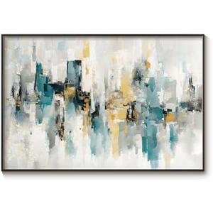 InSimSea Large Metal Framed Wall Art, Blue and Yellow Canvas Picture for Living Room, Oil Painting, Abstract City Print Decor, for Bedroom Home Office -【Vague Memory】-(36L x 24W)