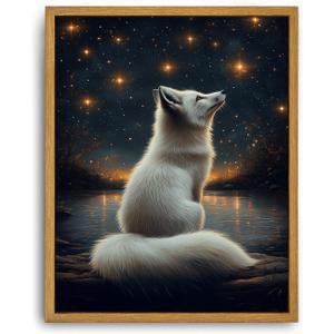 Framed White Fox Wall Art Forest Animal Canvas Prints Starry Night Paintings Wall Decor Woodland Wildlife Pictures Artwork for Living Room Bedroom Bathroom 12x16in