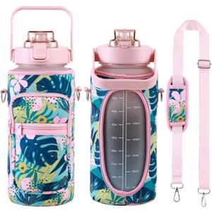 RYI Half Gallon Water Bottle with Sleeve & Strap 64 OZ Motivational Water Bottles with Straw Large Wide Mouth Water Jug with Time Marker for Fitness, Gym and Outdoor Sports, Leak-proof & BPA Free