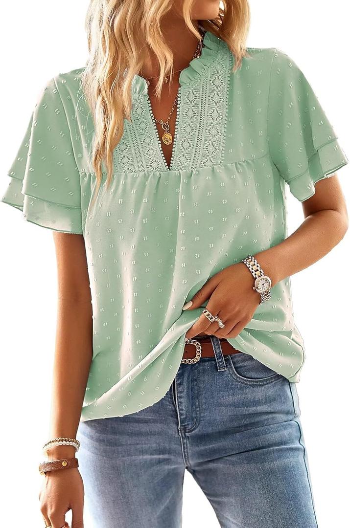 Women's Tops Butterfly Sleeve V Neck Blouses for Women Dressy Casual Flowy Swiss Dot Ruffle Short Sleeve Shirts (Small, Light Green)