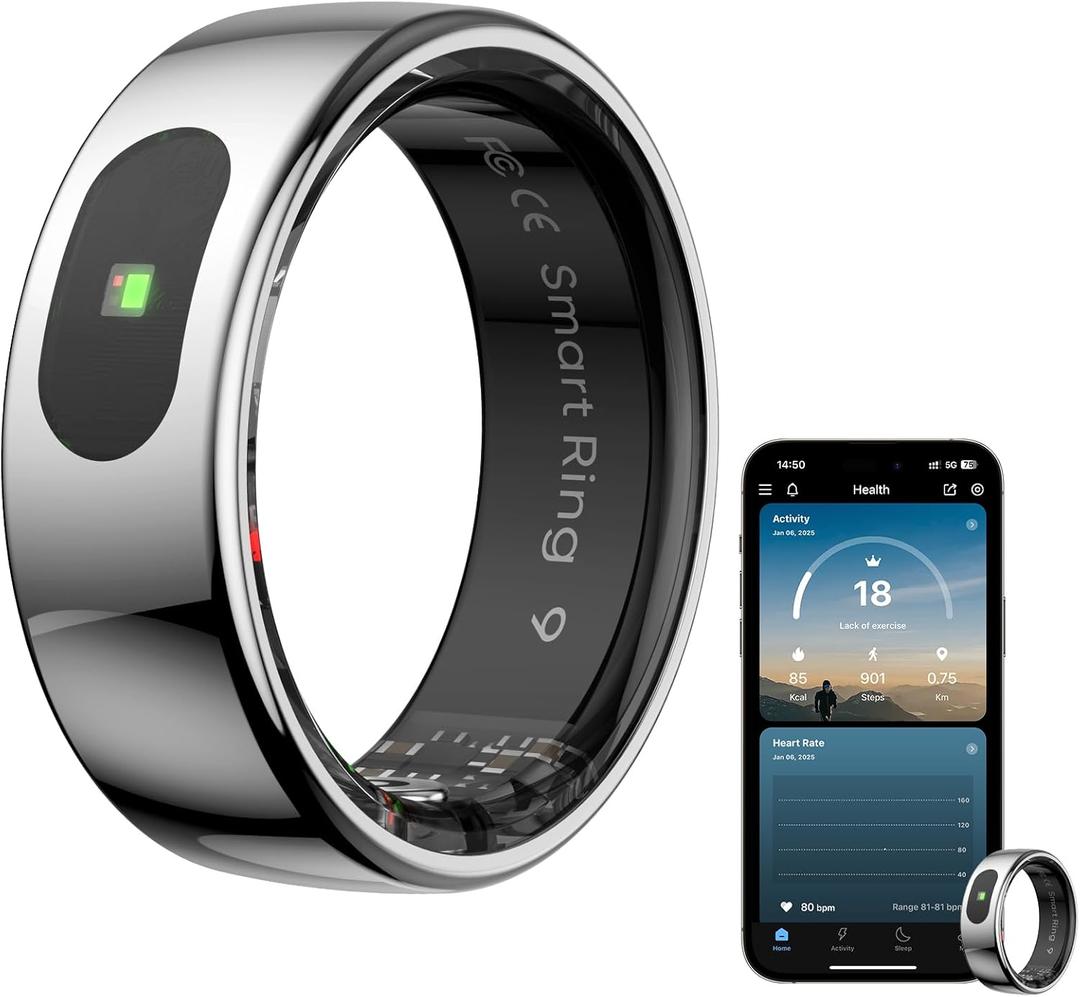 Smart Ring Health Tracker for Women & Men, Fitness Ring with Sleep & Motion Tracking, Touch Control, No Subscription Required, Compatible with iOS & Android (Silver, 10)