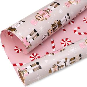 Ribbli Reversible Christmas Wrapping Paper Rolls, Nutcracker and Candy Cane Pink Gift Wrapping Paper-17 Inch x 33 Feet (Pink/Red/White)
