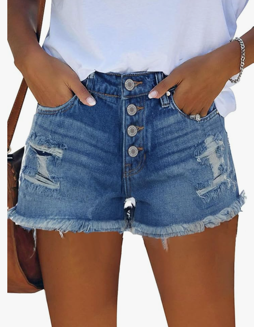 OLUCKY Women's Casual Summer Denim Shorts Mid Waisted Stretchy Ripped Jean Shorts with Pockets Medium, Blue 