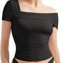 SUUKSESS Women One Off The Shoulder Summer Tank Tops Ruched Short Sleeve Shirts (X-Small, Black)