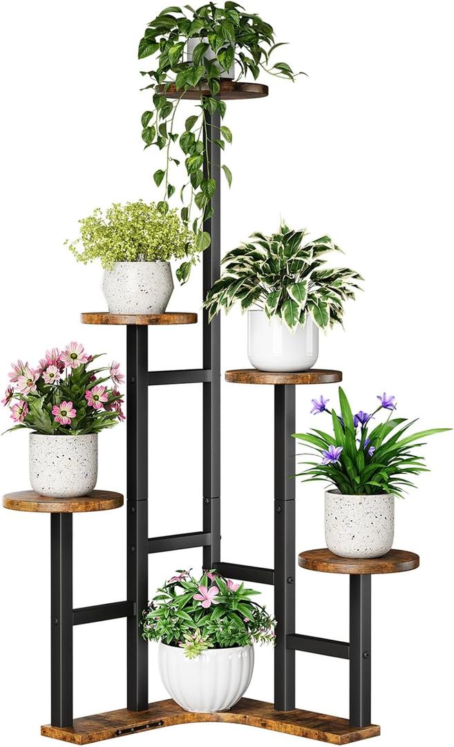 Corner Plant Stand Indoor, 6 Tiered Corner Plant Shelf Flower Stand for Multiple Plants, Plant Shelves Organizer Rack for Living Room, Balcony, Patio, Garden, Round Rustic Brown