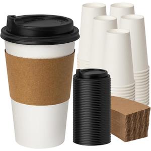 16 oz 100 Pack Disposable Coffee Cups with Lids and Sleeves, To Go Coffee Cups with Lids, Hot/Cold Beverage Drinking Cup for Coffee, Tea