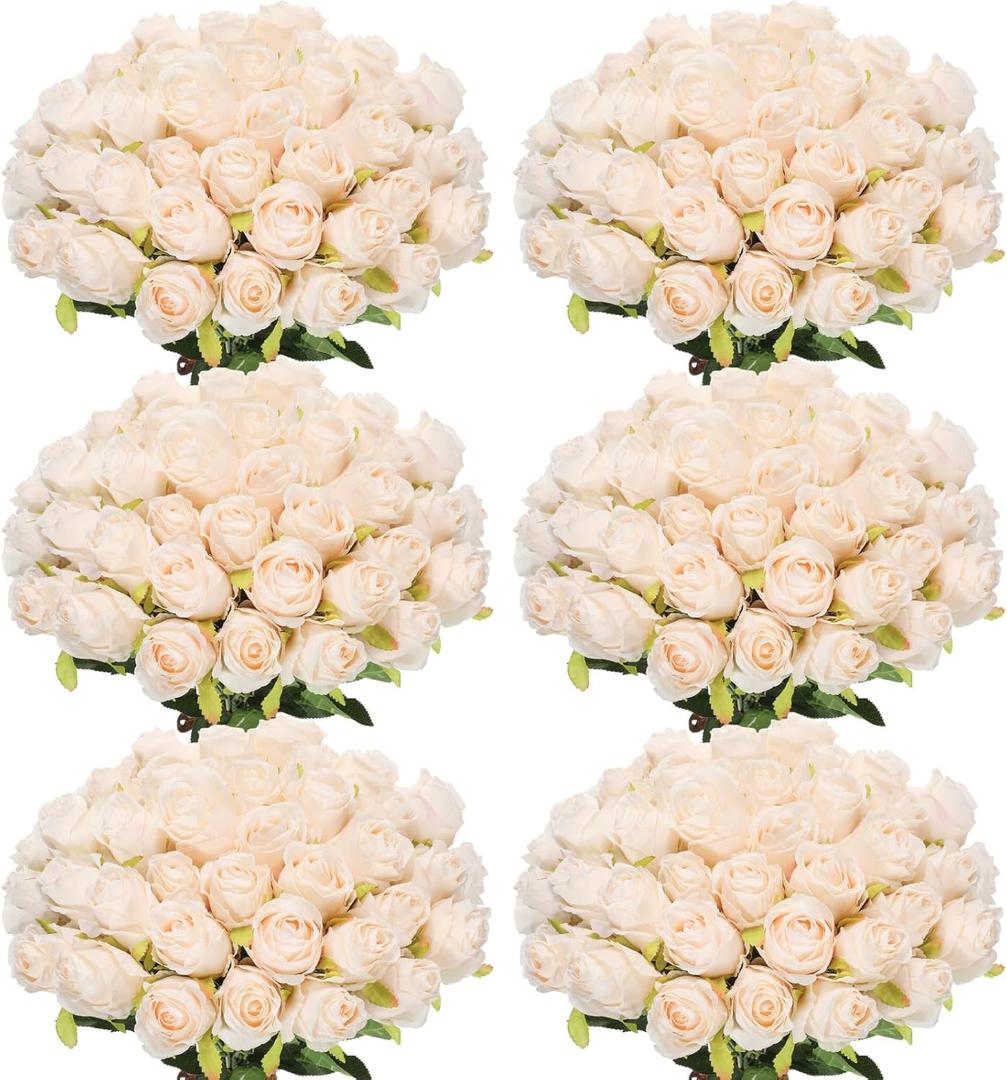 Jexine 50 Pcs Artificial Rose Flower Bulk Realistic Silk Fake Roses with Long Stem Plastic Artificial Flower Bouquet Real Looking for Home Wedding Centerpieces Party Decoration(Beige Champagne)